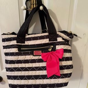 Betsey Johnson Black & White Striped Satchel/Shoulder Bag w Pink & Gold accents.